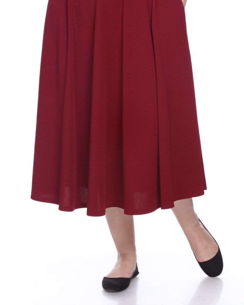 Front of a model wearing a size 3X Tasmin Flare Midi Skirt in Burgundy by White Mark. | dia_product_style_image_id:249211